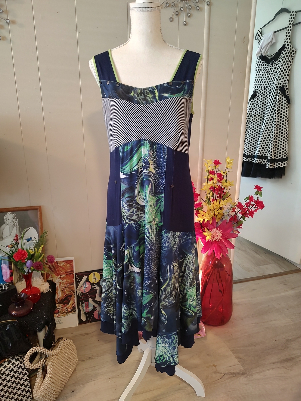 Bali Navy, Green and Teal Asymmetrical Maxi Dress Size 12
